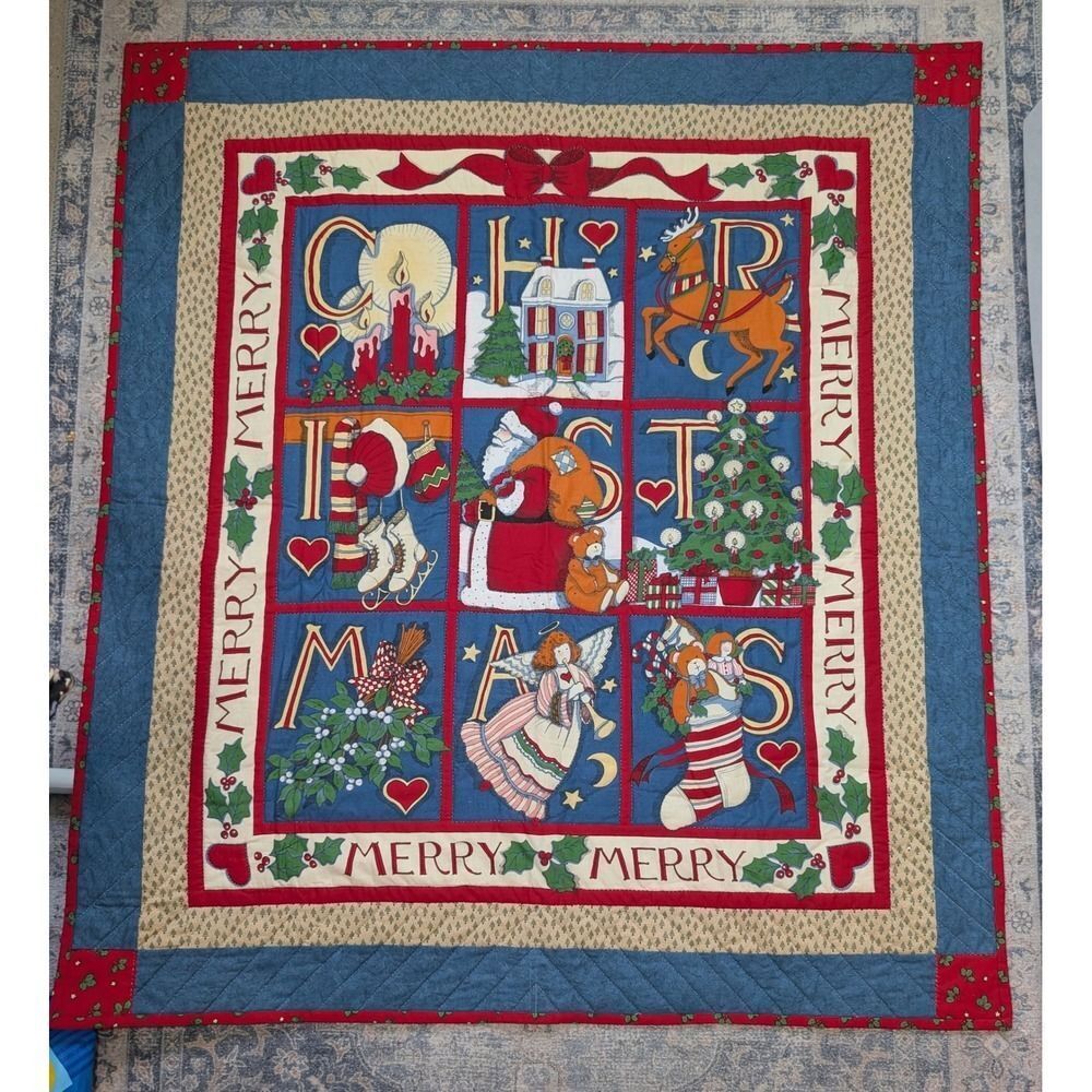 Vintage Susan Winget Handstitched Christmas Quilt-Lap Blanket Wall Hanging 42x47